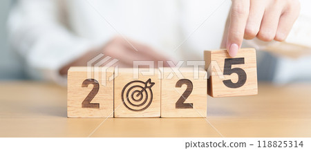 2025 year block with dartboard icon. Goal, Target, Resolution, strategy, plan, Action, mission, motivation, and New Year start concepts 2025 year block with dartboard icon. Goal, Target, Resolution, strategy, plan, Action, mission, motivation, and New Year start concepts 118825314