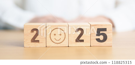 Happy New Year 2025 with Smile block. Satisfaction, feedback, Review, mental health, eco sustainable and good concept Happy New Year 2025 with Smile block. Satisfaction, feedback, Review, mental health, eco sustainable and good concept 118825315