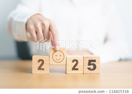 Happy New Year 2025 with Smile block. Satisfaction, feedback, Review, mental health, eco sustainable and good concept Happy New Year 2025 with Smile block. Satisfaction, feedback, Review, mental health, eco sustainable and good concept 118825316