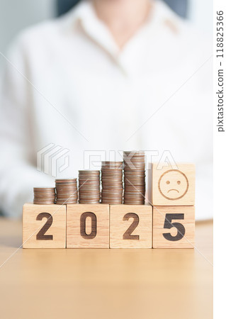 Happy New Year 2025 with Coins stack and Sad icon. goal, Money, Budget, investment, financial, savings, New Year Resolution, Satisfaction, feedback, Review and bad year concept 118825366