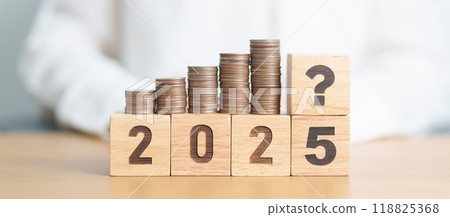 New year with questions mark icon and coins stack. Interest rate, GDP, stocks market, financial, deflation and Inflation, mortgage, debt, Loan and Economic Recession 118825368