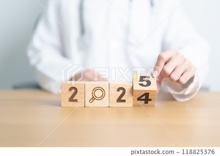 2024 end year to Happy New Year 2025 with Smile block against doctor. Health, Healthcare insurance, medical Satisfaction, feedback, Review, mental health, wellbeing, wellness and good year concept 118825376