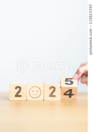 2024 end year to Happy New Year 2025 with Sad face block. Satisfaction, feedback, Review, mental health, eco sustainable and bad year concept 2024 end year to Happy New Year 2025 with Sad face block. Satisfaction, feedback, Review, mental health, eco sustainable and bad year concept 118825393