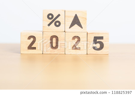2025 New year with percentage change to UP and Down arrow. Interest rate, GDP, stocks market, financial, deflation and Inflation, mortgage, debt, Loan and Economic Recession 2025 New year with percentage change to UP and Down arrow. Interest rate, GDP, stocks market, financial, deflation and Inflation, mortgage, debt, Loan and Economic Recession 118825397