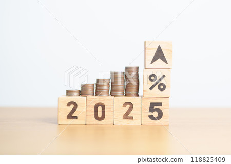 2025 New year with percentage change to UP and Down arrow with coin stack. Interest rate, GDP, stocks market, financial, deflation and Inflation, mortgage, debt, Loan and Economic Recession 2025 New year with percentage change to UP and Down arrow with coin stack. Interest rate, GDP, stocks market, financial, deflation and Inflation, mortgage, debt, Loan and Economic Recession 118825409