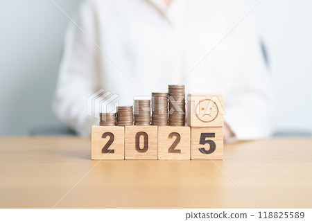 Happy New Year 2025 with Coins stack and Sad icon. goal, Money, Budget, investment, financial, savings, New Year Resolution, Satisfaction, feedback, Review and bad year concept Happy New Year 2025 with Coins stack and Sad icon. goal, Money, Budget, investment, financial, savings, New Year Resolution, Satisfaction, feedback, Review and bad year concept 118825589