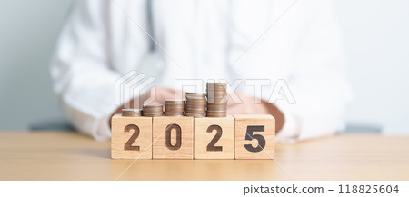 Happy New Year 2025 with Doctor and coins stack. Money stack Counting arrangement for deposit, Healthcare cost, Money Saving, Health Insurance, Medical, Donation and Financial concept Happy New Year 2025 with Doctor and coins stack. Money stack Counting arrangement for deposit, Healthcare cost, Money Saving, Health Insurance, Medical, Donation and Financial concept 118825604