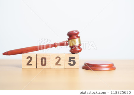 Happy New Year 2025 with judge gavel on table. Law, lawyer, judgment, justice auction and bidding concept Happy New Year 2025 with judge gavel on table. Law, lawyer, judgment, justice auction and bidding concept 118825630