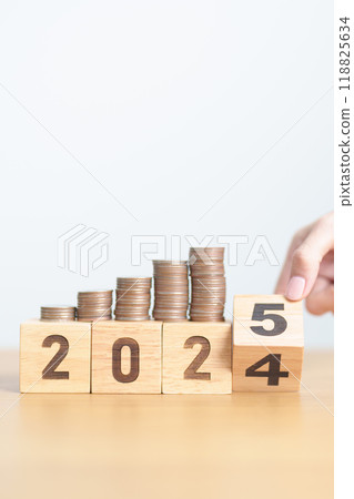 2024 end year to Happy New Year 2025 with Coins stack. Money, Budget, tax, investment, financial, savings and New Year Resolution concepts 118825634