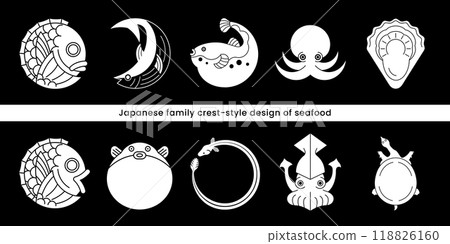 單色海鮮家族徽章風格設計。魚類和貝類標誌和標記的向量插圖。 單色海鮮家族徽章風格設計。魚類和貝類標誌和標記的向量插圖。 118826160