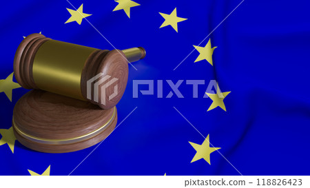 The Hammer wood law on eu flag image 3d rendering. The Hammer wood law on eu flag image 3d rendering. 118826423