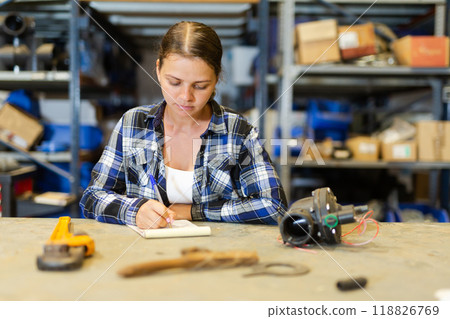 Portrait of thoughtful young woman worker checking order list Portrait of thoughtful young woman worker checking order list 118826769