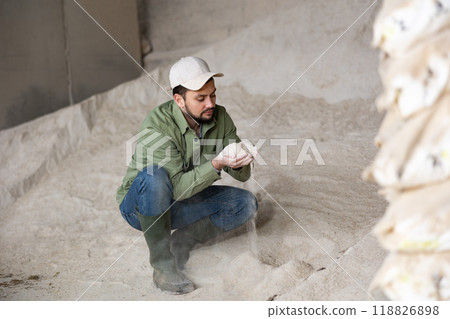 Male farmer checks the quality of cornmeal in an animal feed warehouse Male farmer checks the quality of cornmeal in an animal feed warehouse 118826898