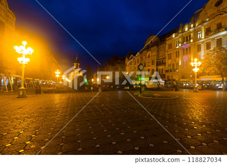 Lighted Victoriei Square and Orthodox Cathedral, Timisoara 118827034