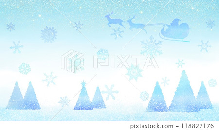 Watercolor illustration of Santa Claus and his sleigh flying into the sky over a forest of Christmas trees. 118827176