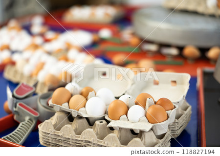 Closeup of packing and sorting organic fresh chicken eggs in cardboard box on farm 118827194