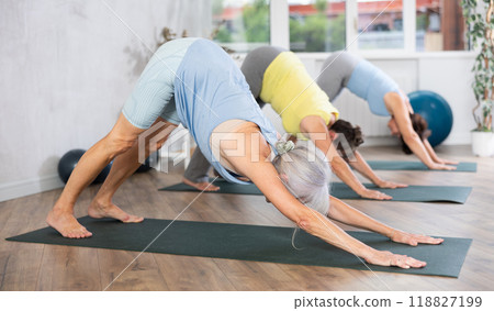 Mature lady performs asana downward facing dog, Adho Mukha Svanasana 118827199