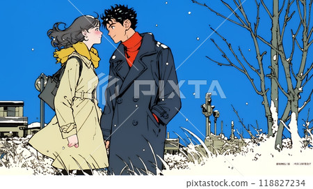 Young lovers on a date in a wintery town Young lovers on a date in a wintery town 118827234