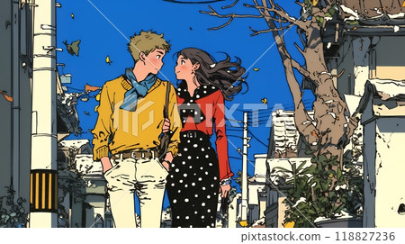 Young lovers on a date in a wintery town Young lovers on a date in a wintery town 118827236