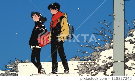 Young lovers on a date in a wintery town 118827243