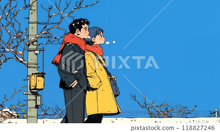 Young lovers on a date in a wintery town 118827246