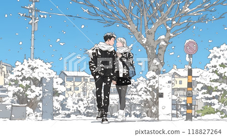 Young lovers on a date in a wintery town 118827264
