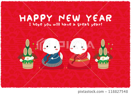 新年快樂白蛇男女在和服背景紅色的問候 118827548