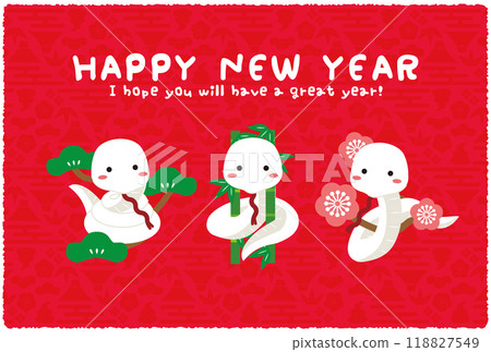 Happy New Year Pine, bamboo and plum, white snake, red background 118827549