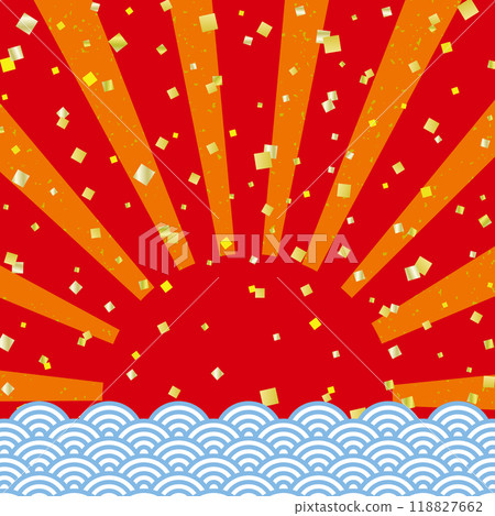 Japanese-style banner background with first sunrise, blue sea waves and gold leaf / square / red 118827662