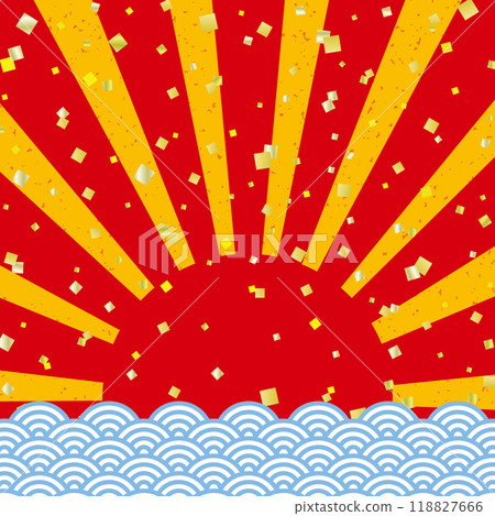 Japanese-style banner background with first sunrise, blue sea waves and gold leaf / square / red and yellow 118827666