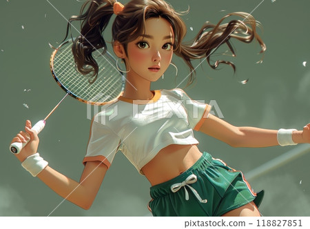 一位穿著羽毛球服的年輕女子正在發球和跳躍 118827851