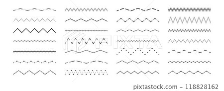 Dashed wavy and zig zag line set. Dotted dividers or separators design element collection. Broken stroke pack for underline, emphasis, highlight. Repeated dash zigzag lines bundle. Vector Dashed wavy and zig zag line set. Dotted dividers or separators design element collection. Broken stroke pack for underline, emphasis, highlight. Repeated dash zigzag lines bundle. Vector 118828162