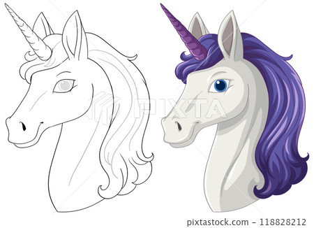 Coloring and Colored Unicorn Illustration 118828212
