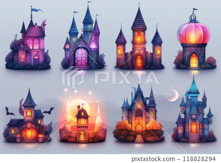 Halloween background with haunted castle and pumpkins 118828294