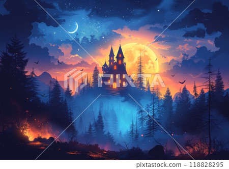 Halloween background with haunted castle and pumpkins 118828295
