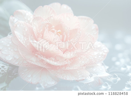 特寫描繪一朵山茶花，花瓣柔軟，粉紅色和白色 118828458