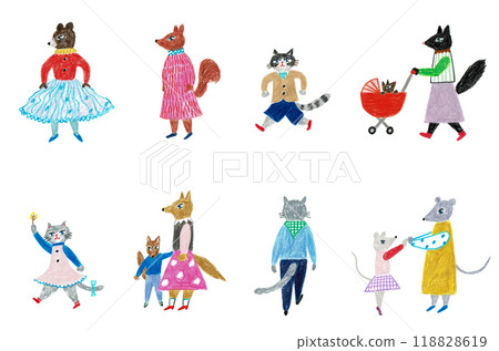 Hand-drawn illustration of animal parents and children Hand-drawn illustration of animal parents and children 118828619