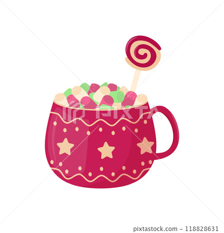 Red cup with marshmallows and caramel. Cozy winter drink. Vector illustration on a white background. 118828631