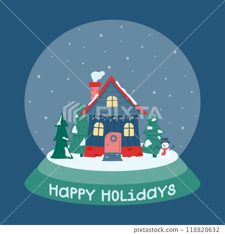 Happy holidays. Cute winter house. Glass ball with a decorated house on the background of falling snow, fir trees and a snowman. Vector illustration in a flat style. Happy holidays. Cute winter house. Glass ball with a decorated house on the background of falling snow, fir trees and a snowman. Vector illustration in a flat style. 118828632