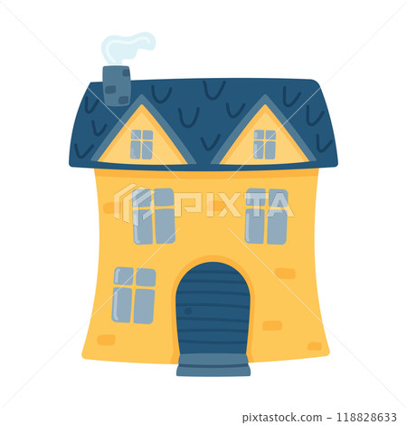 Yellow house with blue roof with a chimney. Front view. Children's house is isolated on a white background. Vector illustration in a flat style. Yellow house with blue roof with a chimney. Front view. Children's house is isolated on a white background. Vector illustration in a flat style. 118828633