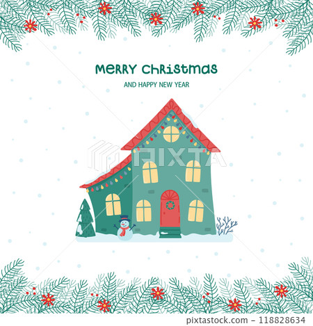 Merry Christmas and Happy New Year greeting card. Cute Christmas and winter house. Decorated house on the background of the falling snow, fir trees and a snowman. Vector illustration in flat style. 118828634