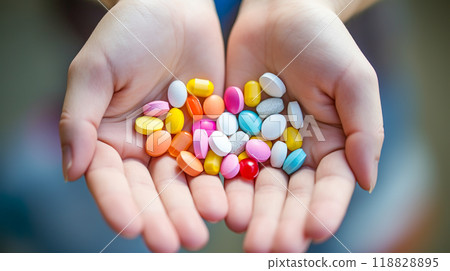 孩子手掌裡有很多藥片 118828895
