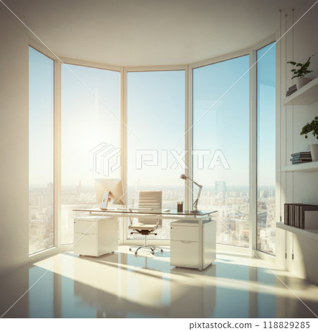 A bright corner office with floor-to-ceiling windows, a minimalist desk, and natural light flooding the professional, modern space. 118829285