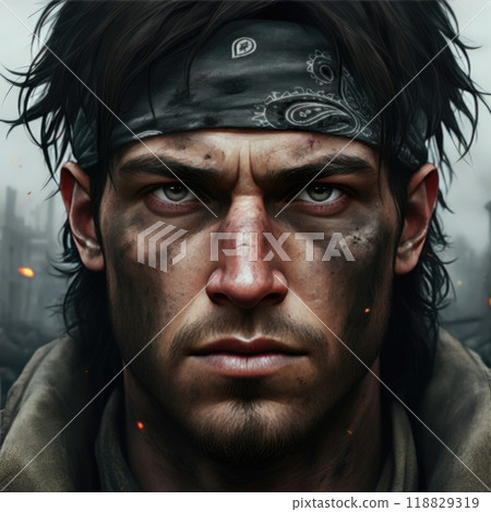 A young man with dirt and scars on his face. His intense, determined gaze pierces through tangled hair and a bandana, with a decayed urban backdrop hinting at survival struggles. 118829319