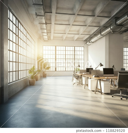 An industrial-style office with large metal-framed windows, open-plan layout, and modern furniture in a creative, collaborative space. 118829320