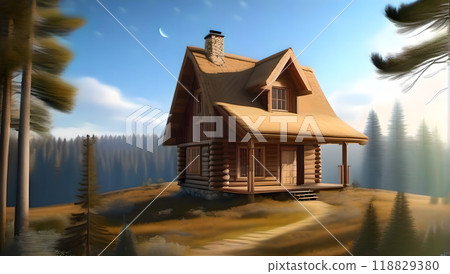 黎明時分，木屋籠罩在薄霧中 118829380