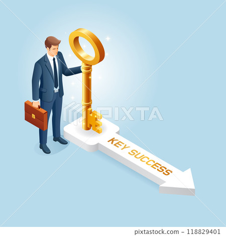 Businessman holding golden key isometric illustration Businessman holding golden key isometric illustration 118829401