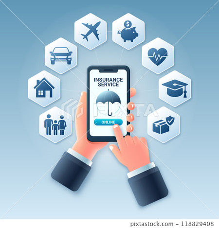 Hand selecting insurance service on touch screen of smartphone. Vector illustration of online insurance service concept 118829408
