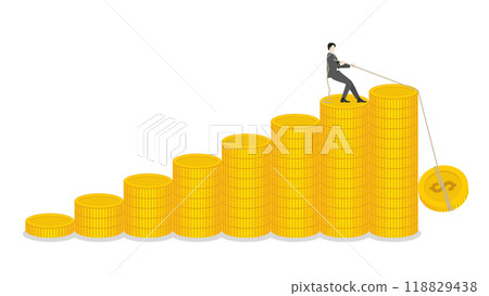 Businessman pulling a rope for a coin on money stack up bar chart of business growth, financial success, and investment strategy. Leadership and progress in the compete economy and financial market 118829438