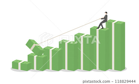 Businessman pulling a rope for banknote on money stack up bar chart of business growth, financial success, and investment strategy. Leadership and progress in the compete economy and financial market Businessman pulling a rope for banknote on money stack up bar chart of business growth, financial success, and investment strategy. Leadership and progress in the compete economy and financial market 118829444